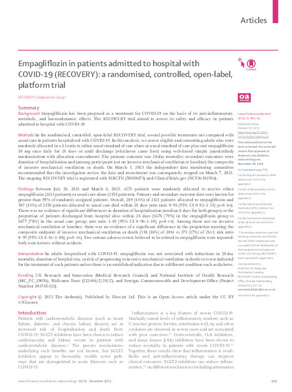 Empagliflozin in patients admitted to hospital with COVID-19 (RECOVERY): a randomised, controlled, open-label, platform trial Thumbnail