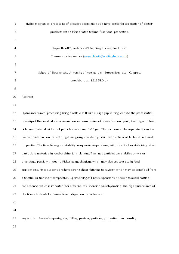 Hydro-mechanical processing of brewer's spent grain as a novel route for separation of protein products with differentiated techno-functional properties Thumbnail