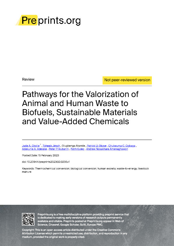 Pathways for the Valorization of Animal and Human Waste to Biofuels, Sustainable Materials and Value-Added Chemicals Thumbnail