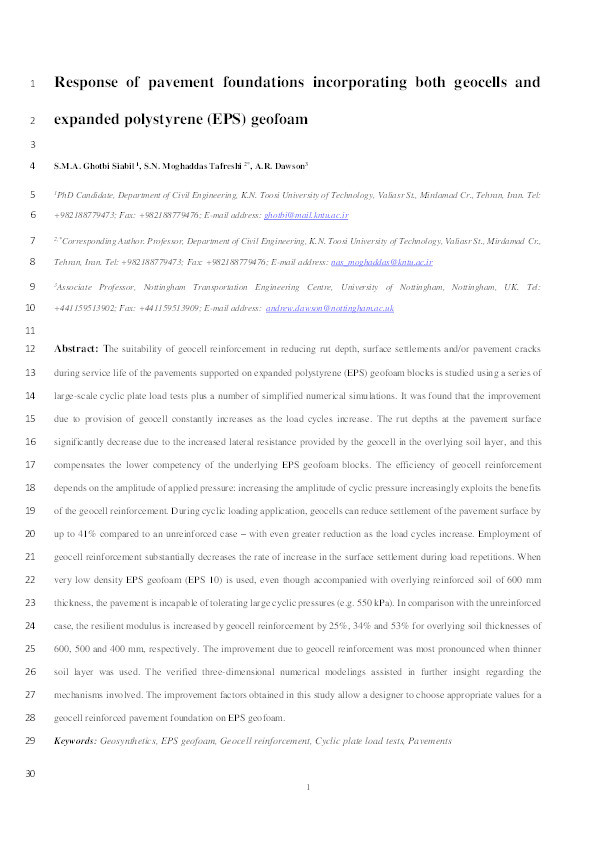 Response of pavement foundations incorporating both geocells and expanded polystyrene (EPS) geofoam Thumbnail