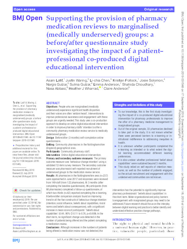 Supporting the provision of pharmacy medication reviews to marginalised (medically underserved) groups: a before/after questionnaire study investigating the impact of a patient–professional co-produced digital educational intervention Thumbnail