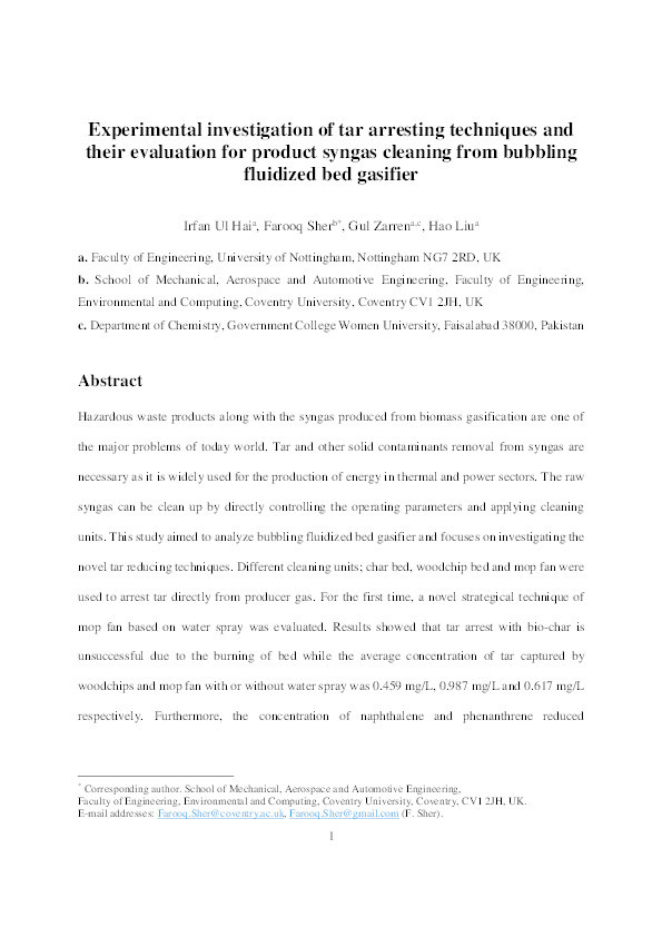 Experimental investigation of tar arresting techniques and their evaluation for product syngas cleaning from bubbling fluidized bed gasifier Thumbnail