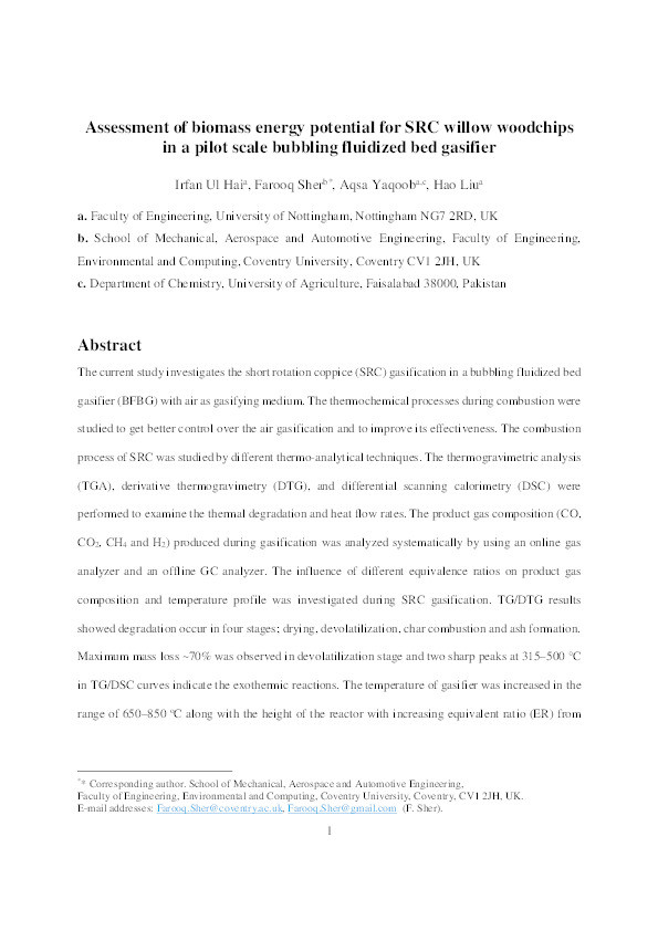 Assessment of biomass energy potential for SRC willow woodchips in a pilot scale bubbling fluidized bed gasifier Thumbnail