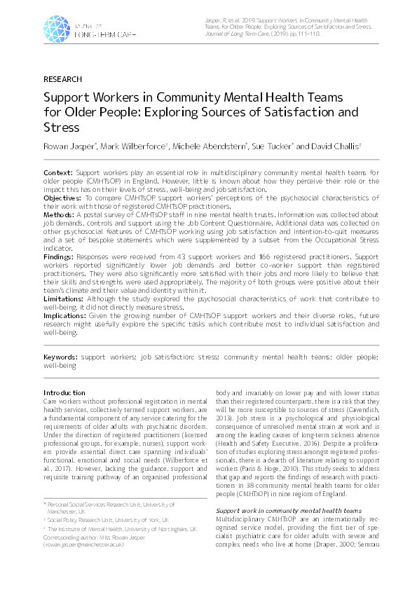 Support Workers in Community Mental Health Teams for Older People: Exploring Sources of Satisfaction and Stress Thumbnail