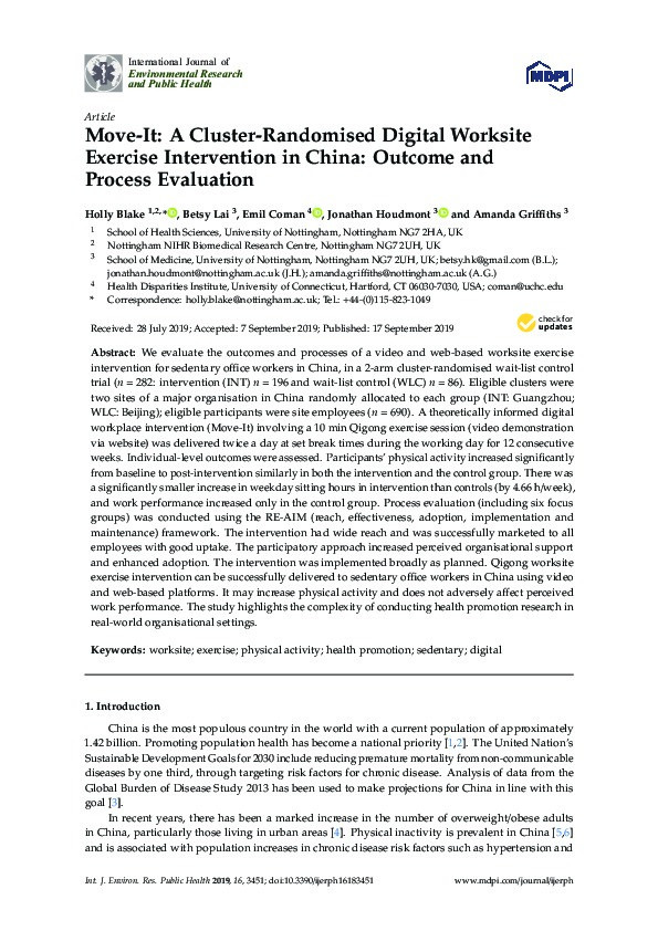 Move-It: A Cluster-Randomised Digital Worksite Exercise Intervention in China: Outcome and Process Evaluation Thumbnail