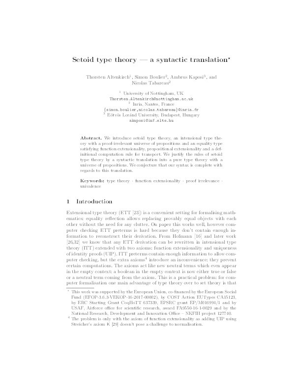 Setoid Type Theory—A Syntactic Translation Thumbnail