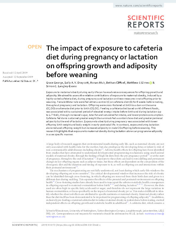 The impact of exposure to cafeteria diet during pregnancy or lactation on offspring growth and adiposity before weaning Thumbnail