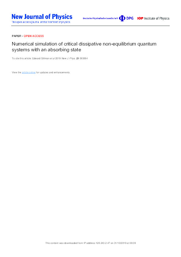 Numerical Simulation of Critical Dissipative  Non-Equilibrium Quantum Systems with an Absorbing State Thumbnail