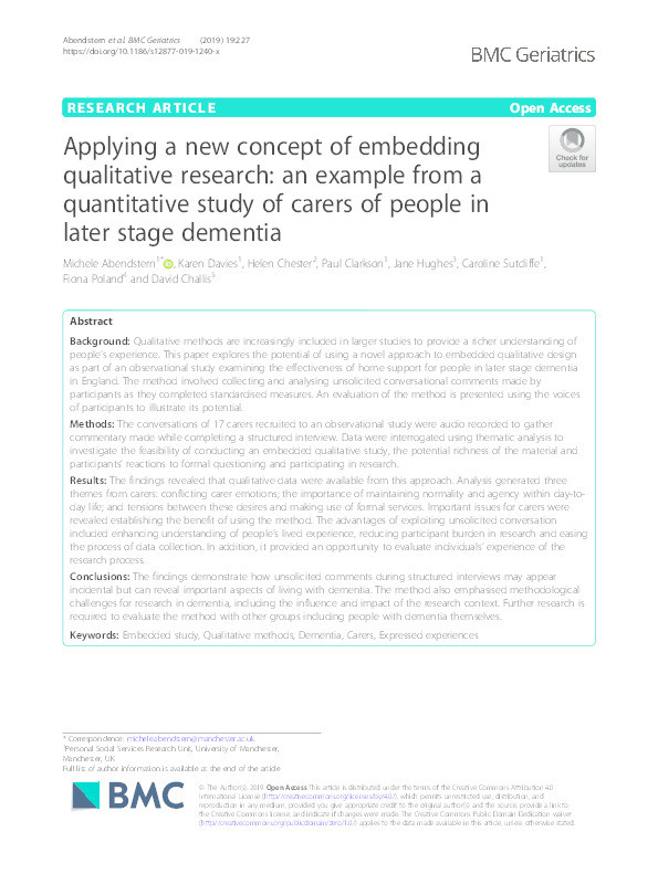 Applying a new concept of embedding qualitative research: an example from a quantitative study of carers of people in later stage dementia Thumbnail