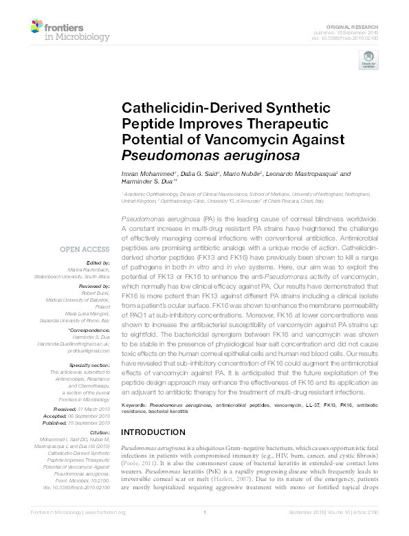 Cathelicidin-Derived Synthetic Peptide Improves Therapeutic Potential of Vancomycin Against Pseudomonas aeruginosa Thumbnail