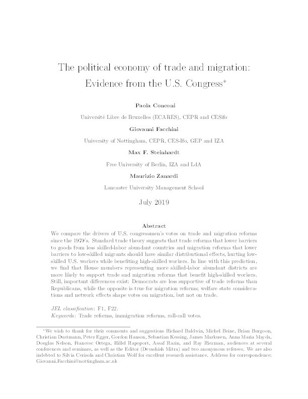 The political economy of trade and migration: Evidence from the U.S. Congress Thumbnail