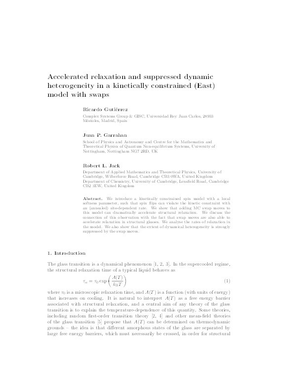 Accelerated relaxation and suppressed dynamic heterogeneity in a kinetically constrained (East) model with swaps Thumbnail