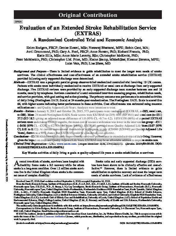 Evaluation of an Extended Stroke Rehabilitation Service (EXTRAS): A Randomized Controlled Trial and Economic Analysis Thumbnail