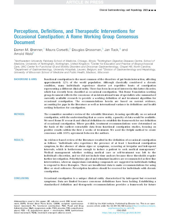 Perceptions, definitions, and therapeutic interventions for occasional constipation: a ROME working group consensus document Thumbnail