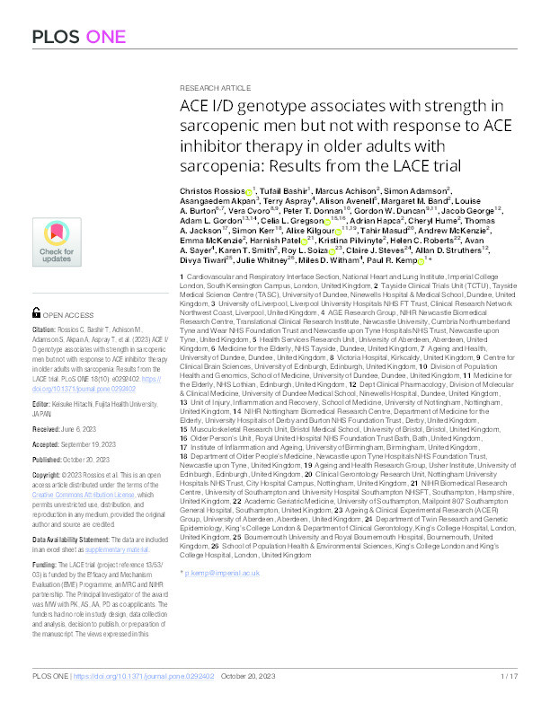 ACE I/D genotype associates with strength in sarcopenic men but not with response to ACE inhibitor therapy in older adults with sarcopenia: Results from the LACE trial Thumbnail