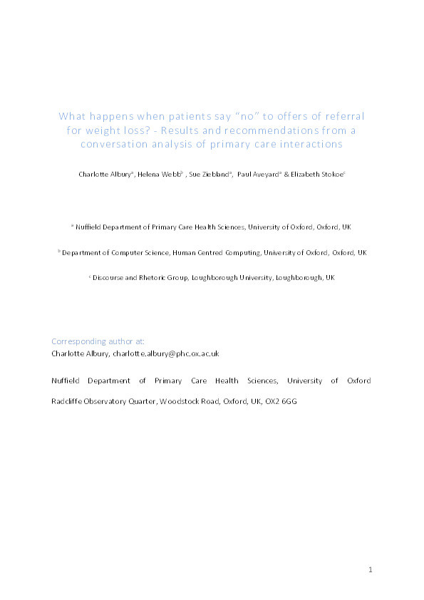 What happens when patients say “no” to offers of referral for weight loss? - Results and recommendations from a conversation analysis of primary care interactions Thumbnail