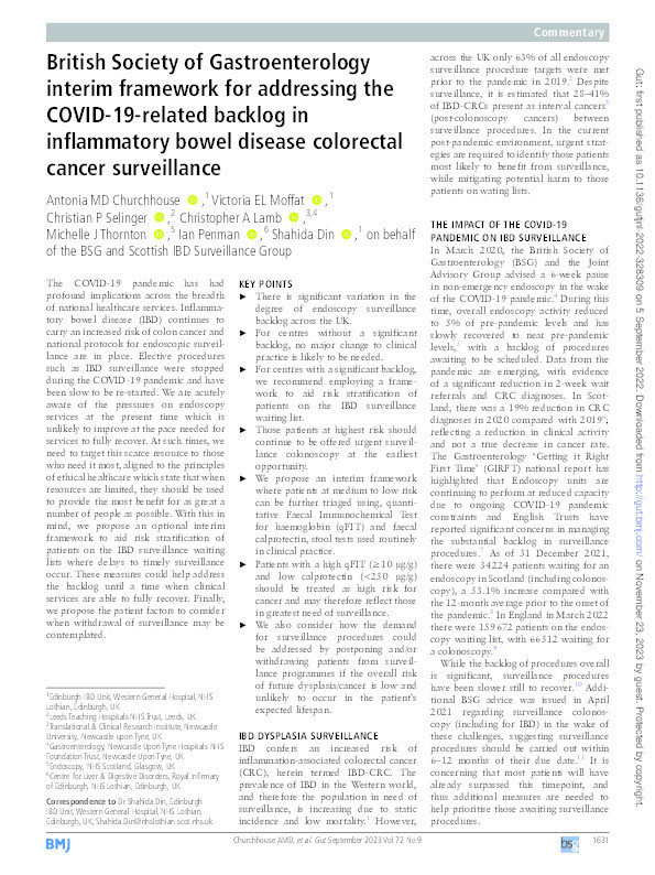 British Society of Gastroenterology interim framework for addressing the COVID-19-related backlog in inflammatory bowel disease colorectal cancer surveillance Thumbnail