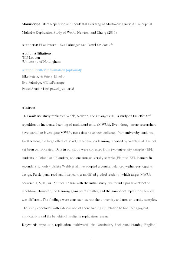 Repetition and Incidental Learning of Multiword Units: A Conceptual Multisite Replication Study of Webb, Newton, and Chang (2013) Thumbnail