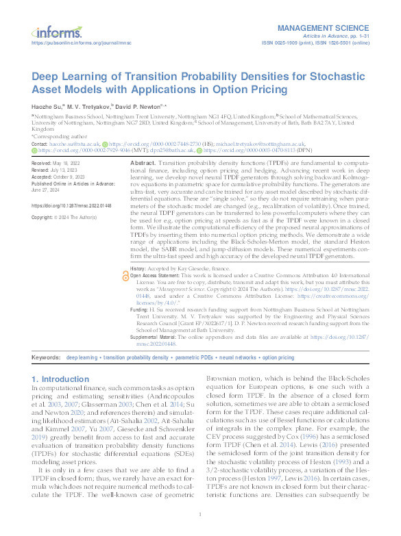 Deep Learning of Transition Probability Densities for Stochastic Asset Models with Applications in Option Pricing Thumbnail