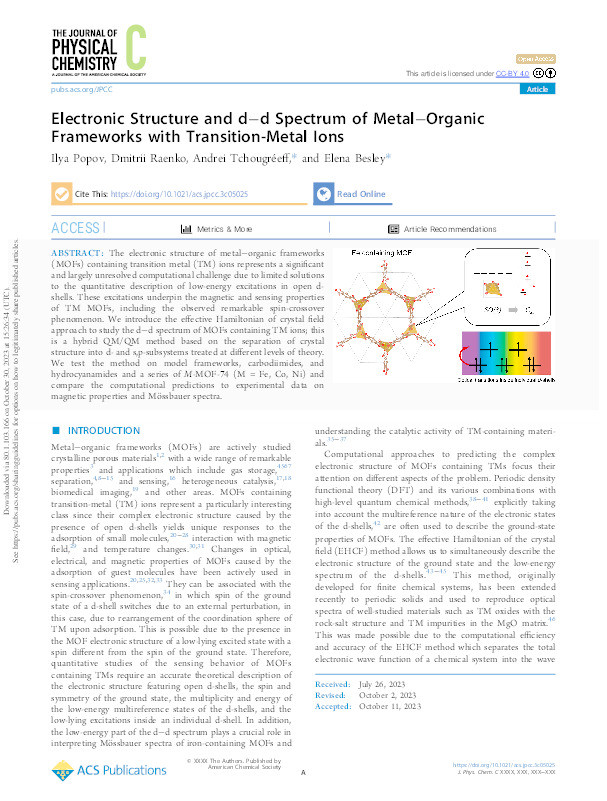 Electronic Structure and d–d Spectrum of Metal–Organic Frameworks with Transition-Metal Ions Thumbnail