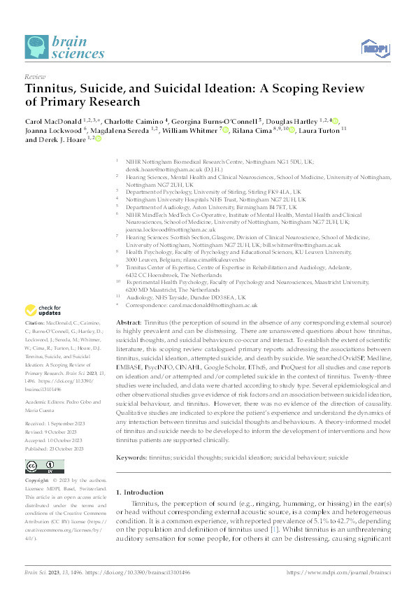 Tinnitus, Suicide, and Suicidal Ideation: A Scoping Review of Primary Research Thumbnail