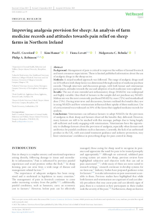 Improving analgesia provision for sheep: An analysis of farm medicine records and attitudes towards pain relief on sheep farms in Northern Ireland Thumbnail