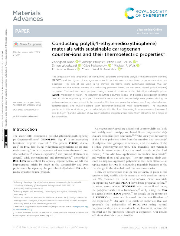 Conducting poly(3,4-ethylenedioxythiophene) materials with sustainable carrageenan counter-ions and their thermoelectric properties Thumbnail