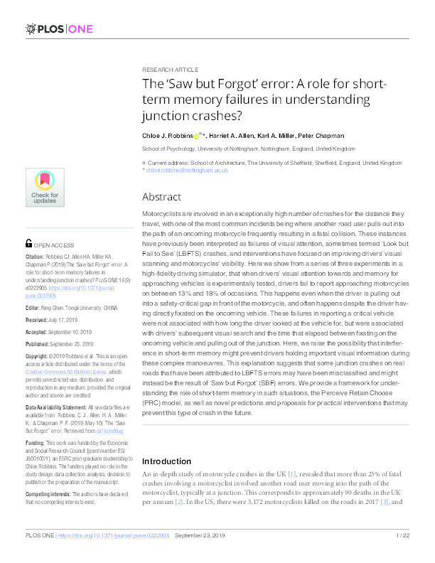 The ‘Saw but Forgot’ error: A role for short-term memory failures in understanding junction crashes? Thumbnail
