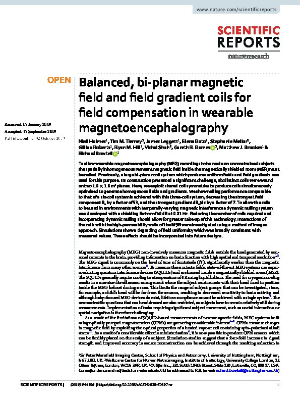 Balanced, bi-planar magnetic field and field gradient coils for field compensation in wearable magnetoencephalography Thumbnail