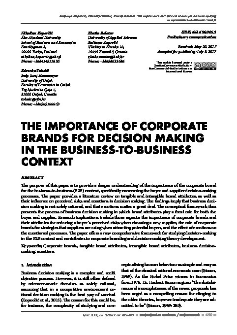 The importance of corporate brands for decision making in business-to-business context Thumbnail