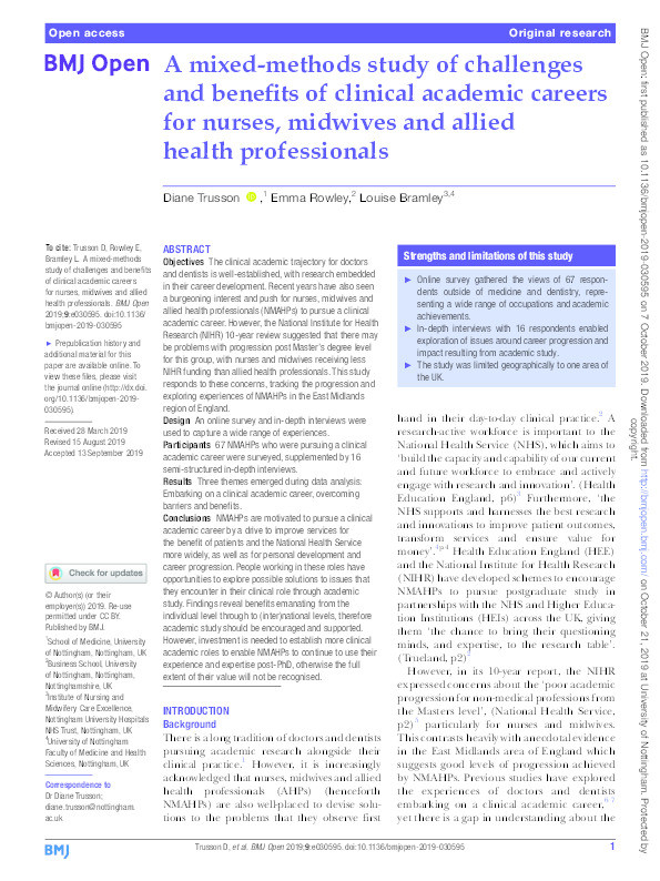 A mixed-methods study of challenges and benefits of clinical academic careers for nurses, midwives and allied health professionals Thumbnail