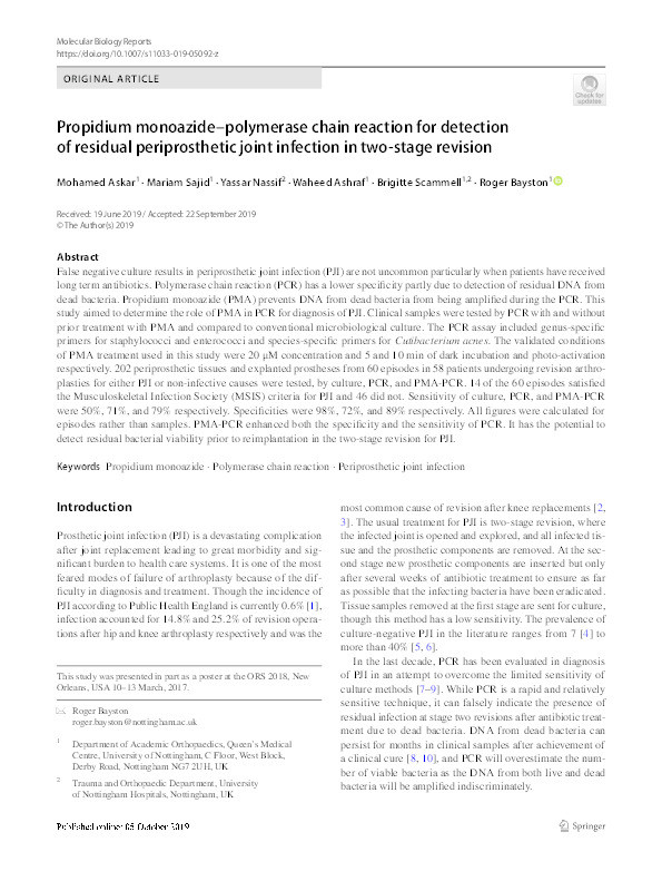 Propidium Monoazide -Polymerase Chain Reaction for Detection of Residual Periprosthetic Joint Infection in Two-Stage Revision Thumbnail