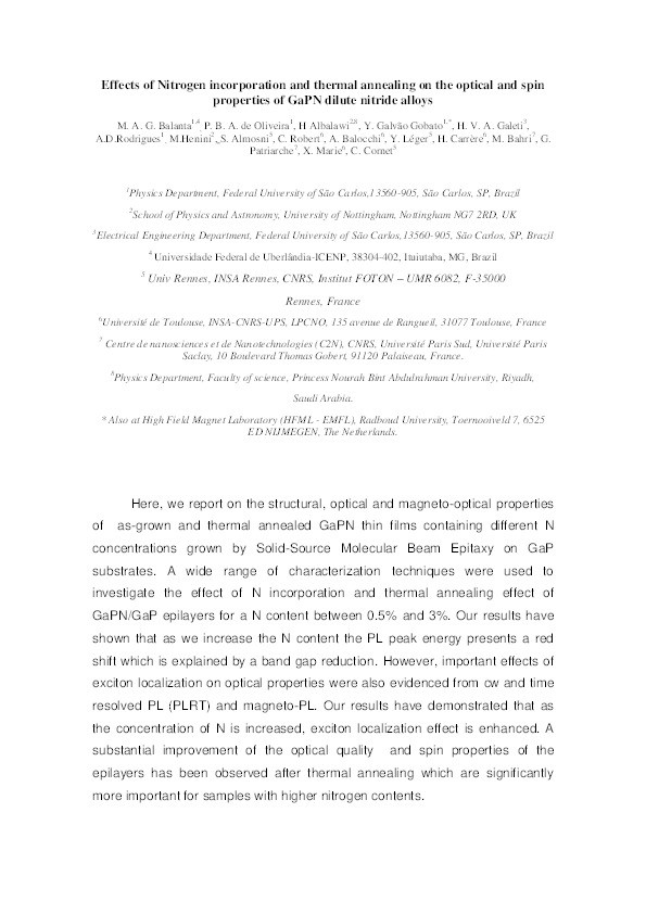 Effects of Nitrogen Incorporation and Thermal Annealing on the Optical and Spin Properties of GaPN Dilute Nitride Alloys Thumbnail