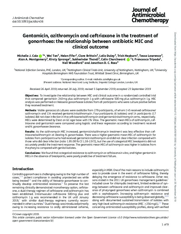 Gentamicin, azithromycin and ceftriaxone in the treatment of gonorrhoea; the relationship between antibiotic minimum inhibitory concentration and clinical outcome Thumbnail