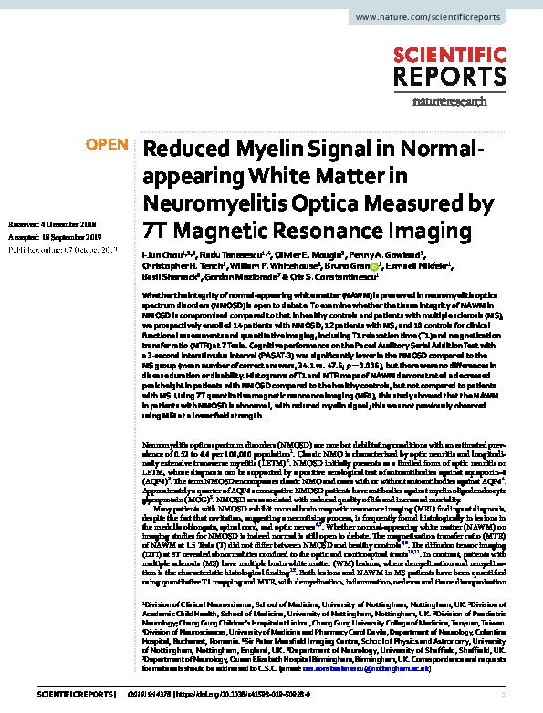Reduced Myelin Signal in Normal-appearing White Matter in Neuromyelitis Optica Measured by 7T Magnetic Resonance Imaging Thumbnail