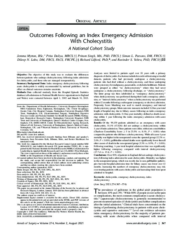 Outcomes Following an Index Emergency Admission With Cholecystitis: A National Cohort Study Thumbnail