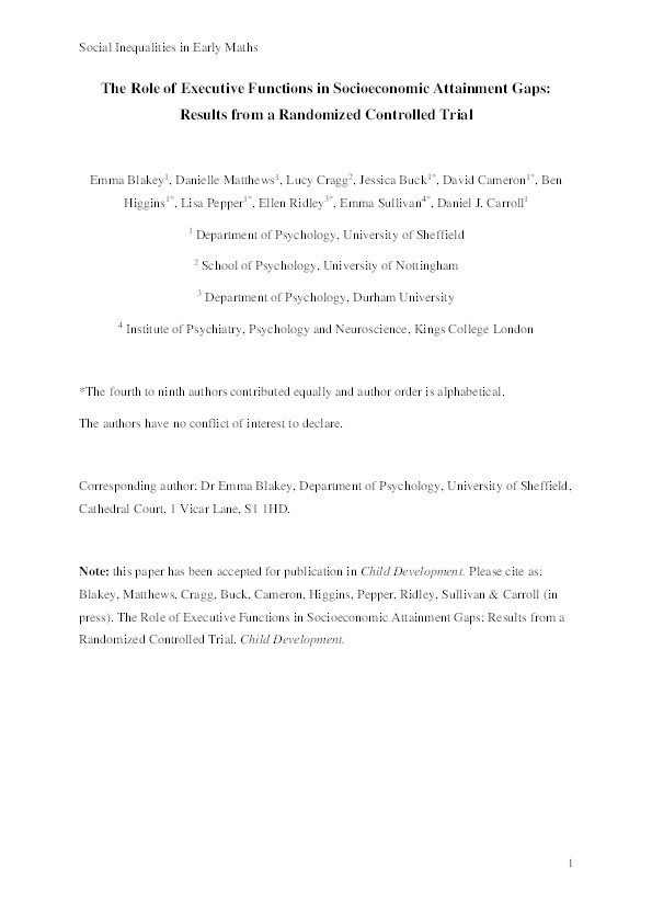 The Role of Executive Functions in Socioeconomic Attainment Gaps: Results from a Randomized Controlled Trial Thumbnail