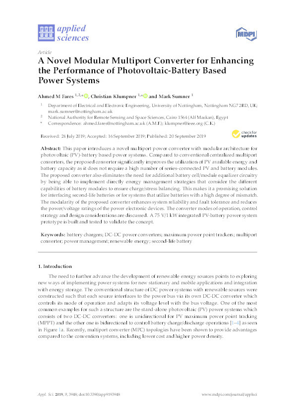A Novel Modular Multiport Converter for Enhancing the Performance of Photovoltaic-Battery Based Power Systems Thumbnail
