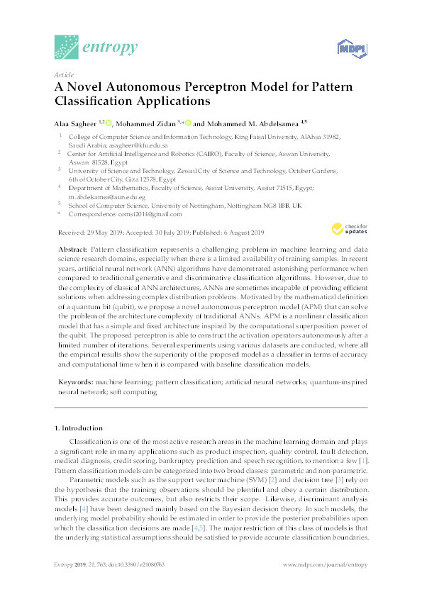 A Novel Autonomous Perceptron Model for Pattern Classification Applications Thumbnail