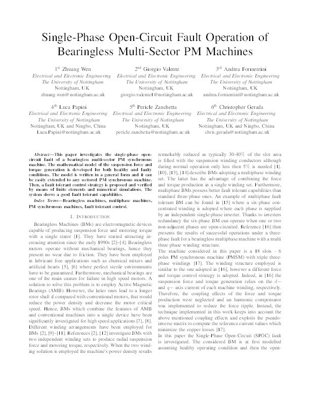 Single-Phase Open-Circuit Fault Operation of Bearingless Multi-Sector PM Machines Thumbnail