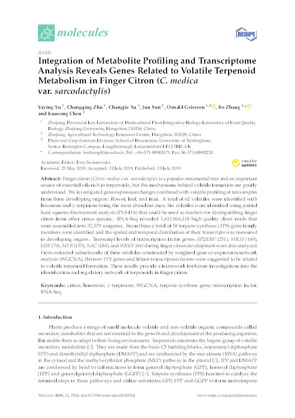 Integration of Metabolite Profiling and Transcriptome Analysis Reveals Genes Related to Volatile Terpenoid Metabolism in Finger Citron (C. medica var. sarcodactylis) Thumbnail