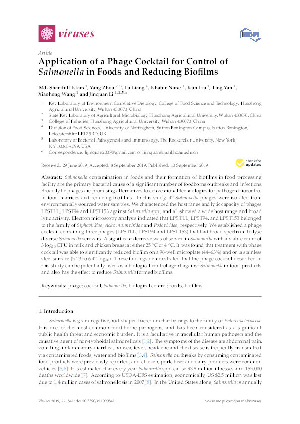 Application of a Phage Cocktail for Control of Salmonella in Foods and Reducing Biofilms Thumbnail