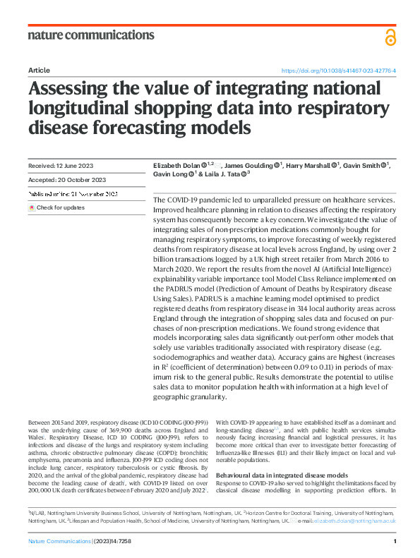 Assessing the value of integrating national longitudinal shopping data into respiratory disease forecasting models Thumbnail