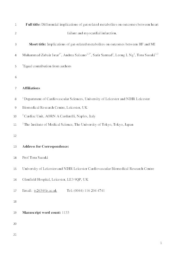 Differential implications of gut-related metabolites on outcomes between heart failure and myocardial infarction Thumbnail