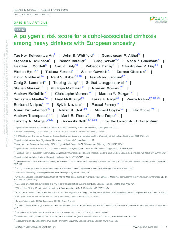 A polygenic risk score for alcohol-related cirrhosis among heavy drinkers with European ancestry Thumbnail