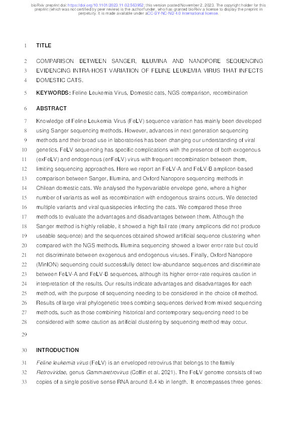 COMPARISON BETWEEN SANGER, ILLUMINA AND NANOPORE SEQUENCING EVIDENCING INTRA-HOST VARIATION OF FELINE LEUKEMIA VIRUS THAT INFECTS DOMESTIC CATS. Thumbnail