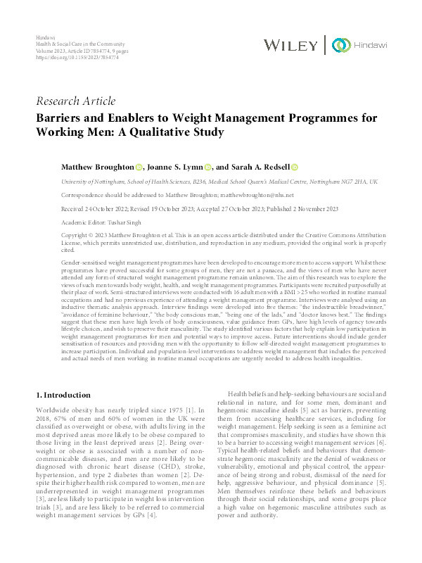 Barriers and Enablers to Weight Management Programmes for Working Men: A Qualitative Study Thumbnail