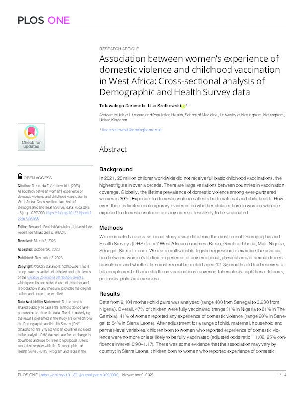 Association between women’s experience of domestic violence and childhood vaccination in West Africa: Cross-sectional analysis of Demographic and Health Survey data Thumbnail