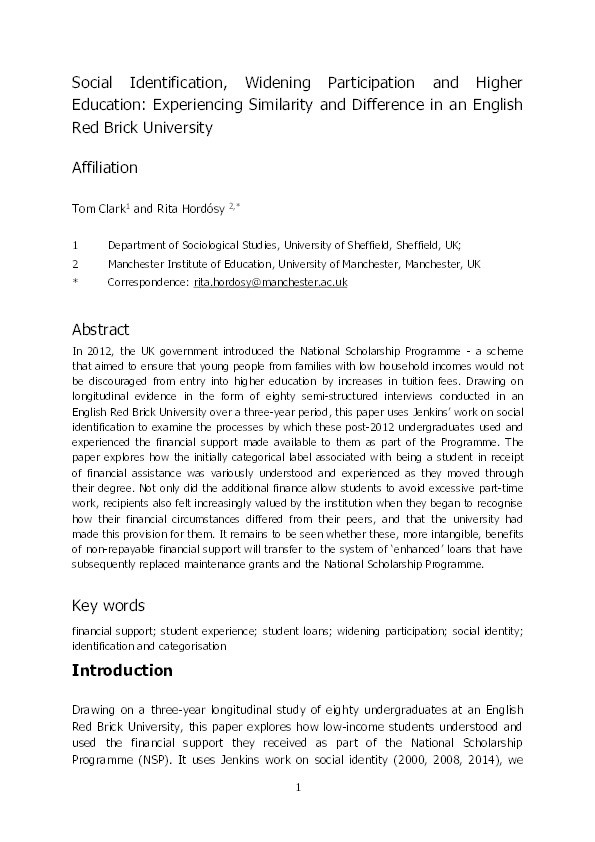 Social Identification, Widening Participation and Higher Education: Experiencing Similarity and Difference in an English Red Brick University Thumbnail