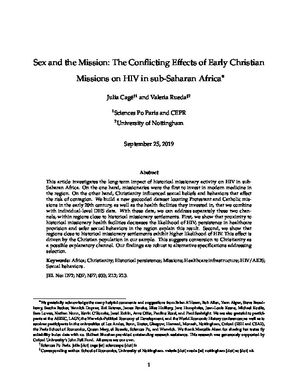 Sex and the mission: the conflicting effects of early Christian missions on HIV in sub-Saharan Africa Thumbnail